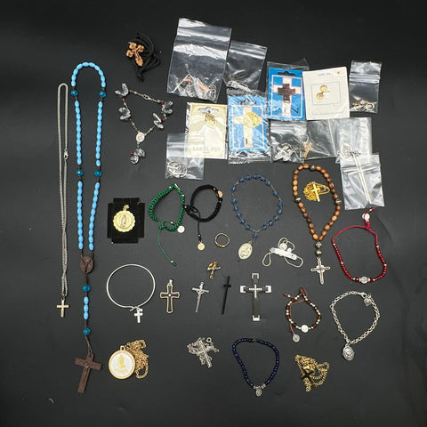 Religious Jewelry Lot 30+ Pcs Rosary Cross Pendant Necklace Bracelet Catholic