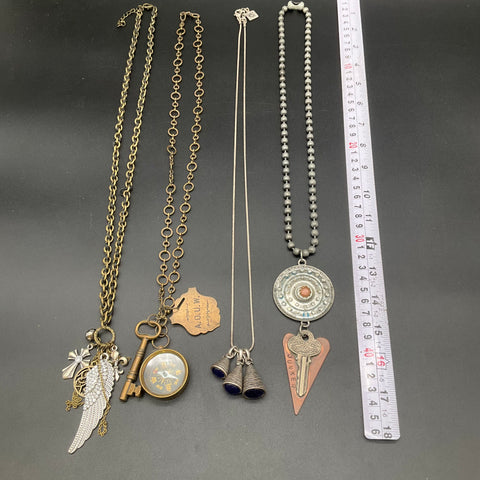 Boho Steampunk Assemblage Jewelry Lot 4 Necklaces Compass Key Rhinestone Wing