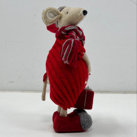 Christmas Rat Figurine Felt Fabric Holiday Decor 10 Inch Red Knitted Outfit