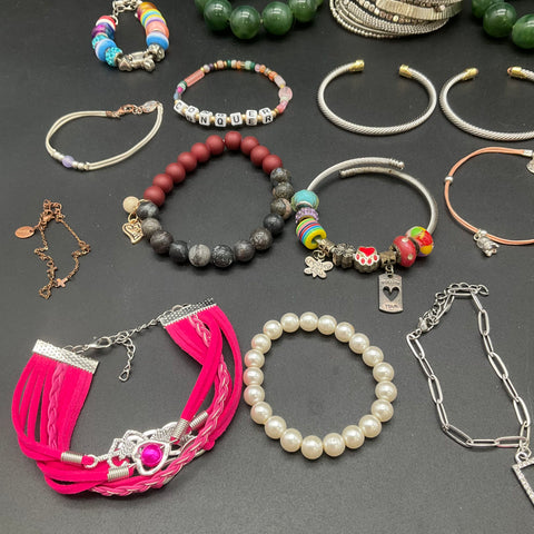 Fashion Jewelry Lot 27 Bracelets Cuffs Bangles Beaded Charms Faux Pearl
