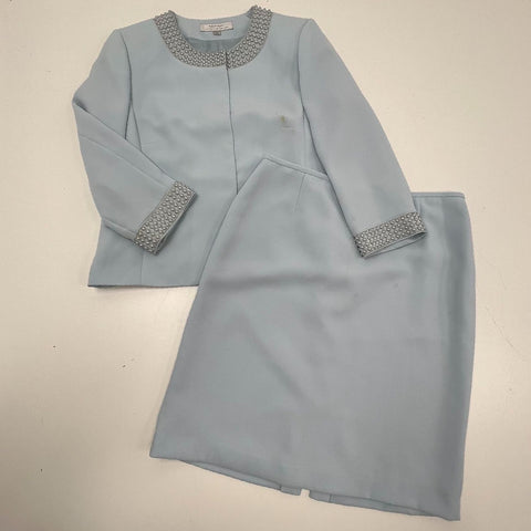 Tahari Arthur S. Levine Light Blue Pearl Beaded Skirt Suit Set Women's Size 12
