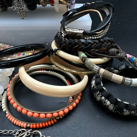 Vintage to Modern Costume Jewelry Lot 40+ Bracelets Bangles Cuffs Beaded Boho