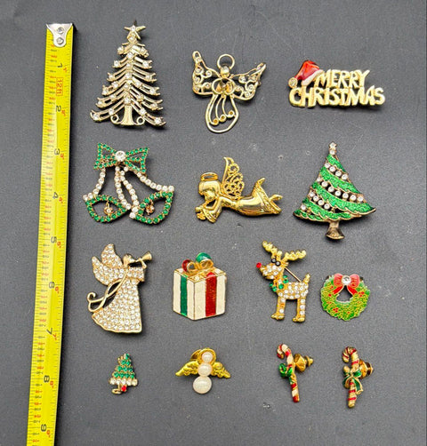 Vintage Christmas Costume Jewelry Lot 14 Pc Monet Avon Brooches Pins Trees
