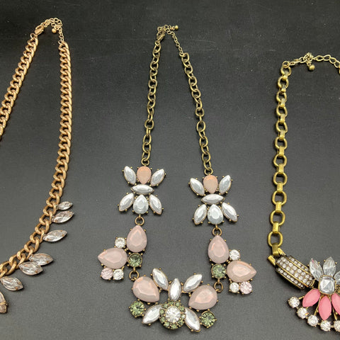Statement Costume Jewelry Lot of 3 Gold Tone Necklaces Pink Green Clear Stones