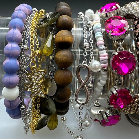 Mixed Costume Jewelry Lot Bracelets Bangles Beaded Rhinestone Cross Cuff