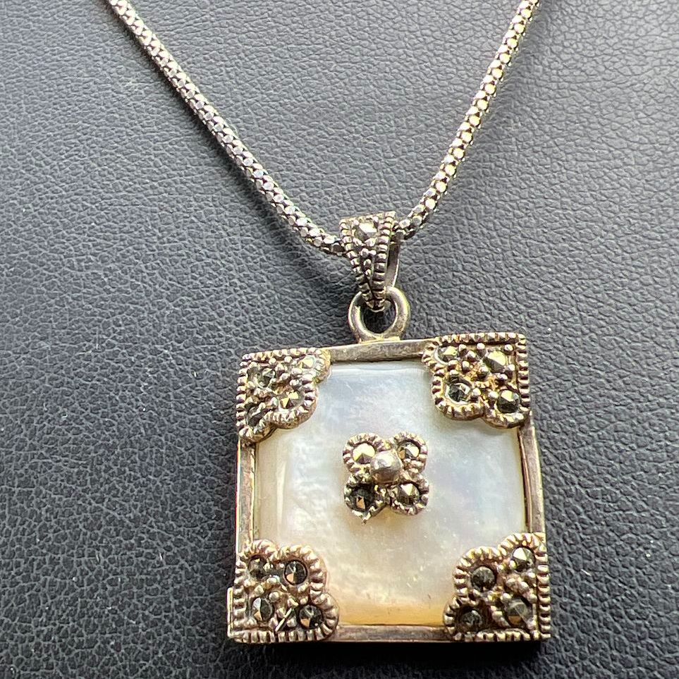Sterling Silver Square Mother of Pearl & Marcasite Accent Necklace