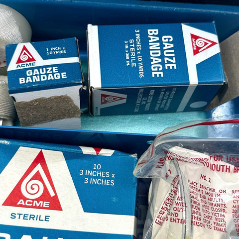 Vintage Acme First Aid Kit #50 Blue Metal Box Medical Supplies Display Piece
