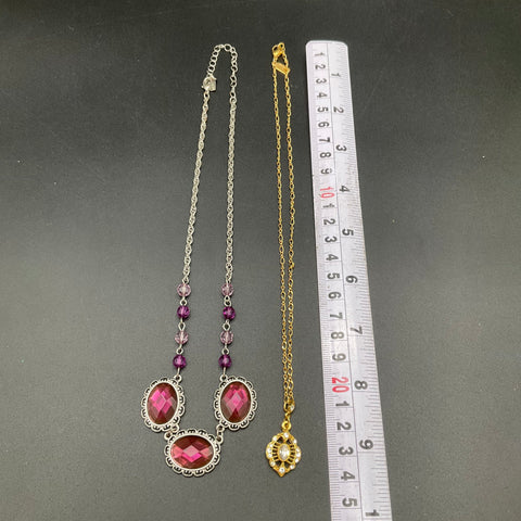 1928 Jewelry Lot of 2 Necklaces Gold Silver Tone Rhinestone Purple Stone