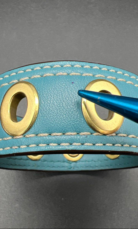 Coach Teal Leather Gold Tone Grommet Bangle Bracelet 2.5" Diameter Signed