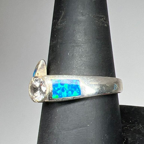 925 Sterling Silver Blue Opal & Clear Rhinestone Ring Size 8.25 4.75g