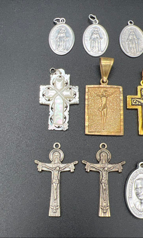Vintage Religious Jewelry Lot of 16 Pendants Cross Crucifix Miraculous Medals