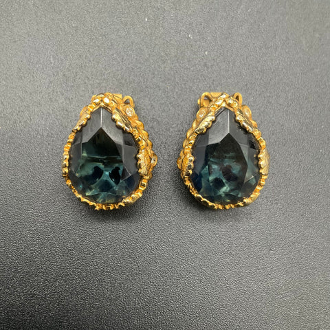 Vintage Alice Caviness Gold Tone Blue Glass Teardrop Clip Earrings Signed