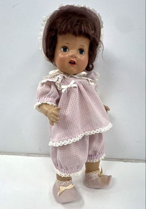 Vintage 18 Inch Hard Plastic Doll Sleep Eyes With Purple Checkered Dress Bonnet