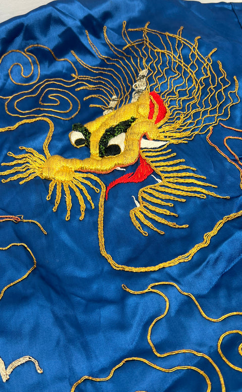 Vintage 50s Japanese Embroidered Dragon Souvenir Robe Kimono Smoking Jacket