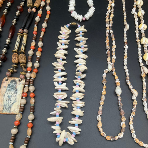 Vintage Boho Ethnic Shell Beaded Necklace Lot 12pc Cowrie Puka Hamsa Pendants