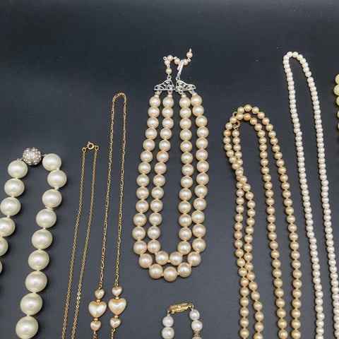 Vintage Faux Pearl Costume Jewelry Lot of 12 Necklaces Chains Gold Tone