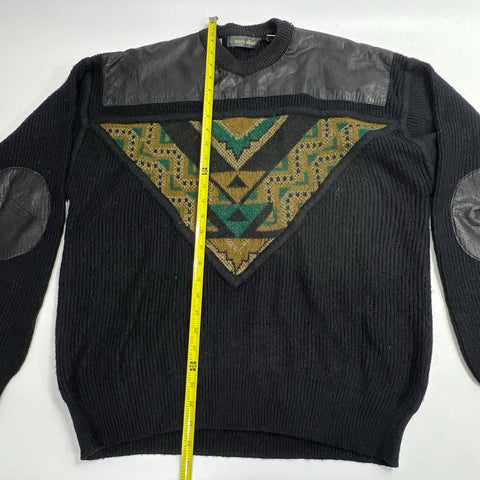 Vintage 90s Mark Elliot Men's Black Sweater Leather Trim Southwestern Sz M