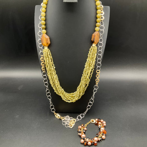 Talbots 3pc Jewelry Lot Tiger's Eye Green Stone Link Necklace Cha Cha Bracelet