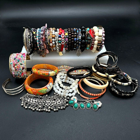 Vintage to Modern Costume Jewelry Lot 40+ Bracelets Bangles Cuffs Beaded Boho