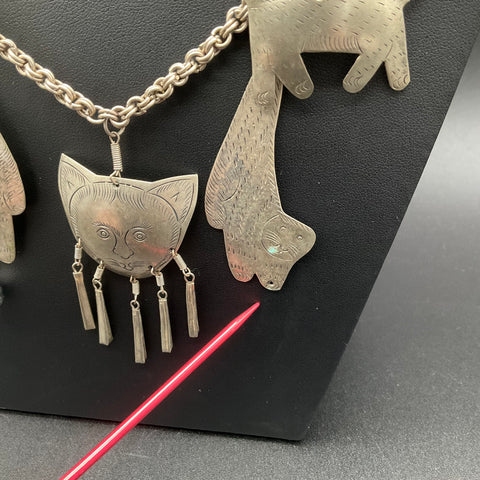 Vintage Silver Tone Whimsical Boho Cat Multi-Charm Statement Necklace 32"
