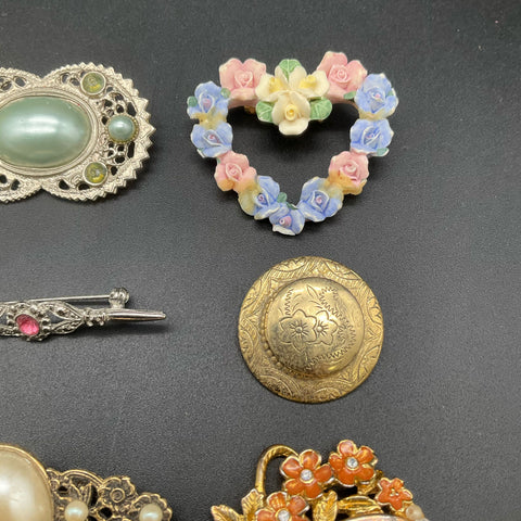 Victorian Revival Style Costume Jewelry Lot 11 Brooches Faux Pearl Enamel