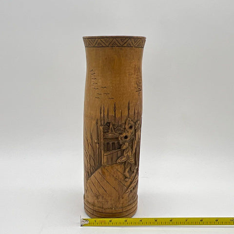 Vintage Hand Carved Bamboo Vase Village Scene Asian Folk Art Brush Pot 12 Inch