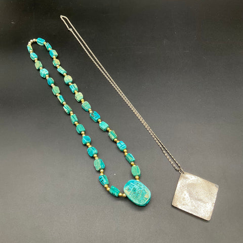 Vintage Egyptian Revival Jewelry Lot of 2 Scarab Bead & Sphinx Pendant Necklace