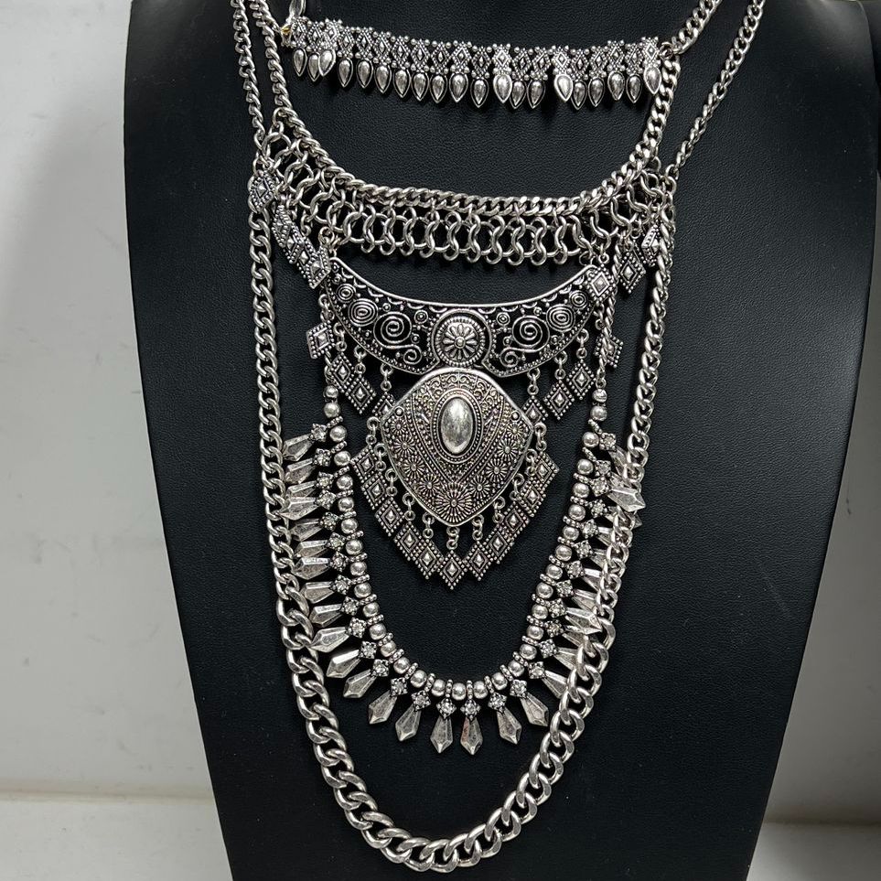 2 Silver tone Chain Faux Coin Bib Necklaces