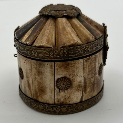 Vintage Bone and Brass Tone Trinket Box Oval Lined Jewelry Casket Handmade