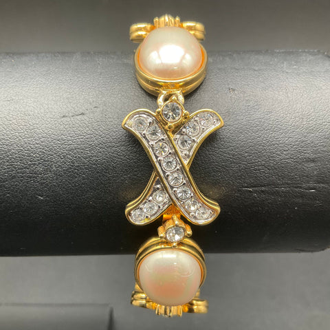 Vintage Nolan Miller Gold Tone Faux Pearl X Link Hugs and Kisses Bracelet 7"