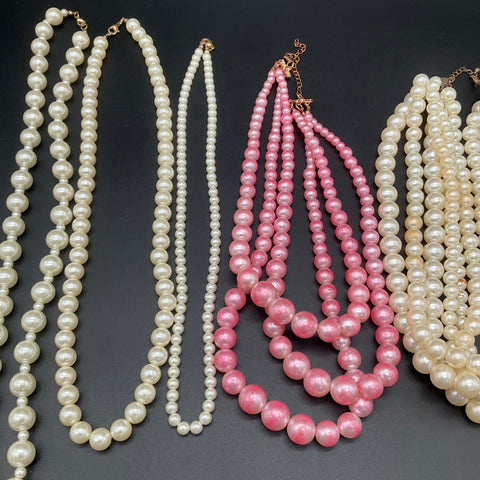 Vintage Faux Pearl Costume Jewelry Lot of 9 Necklaces Multi-Strand White Pink