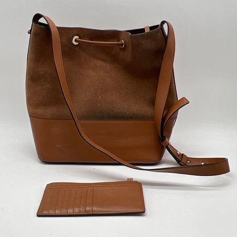 Michael Kors Brown Suede Leather Bucket Bag Drawstring Crossbody with Wallet