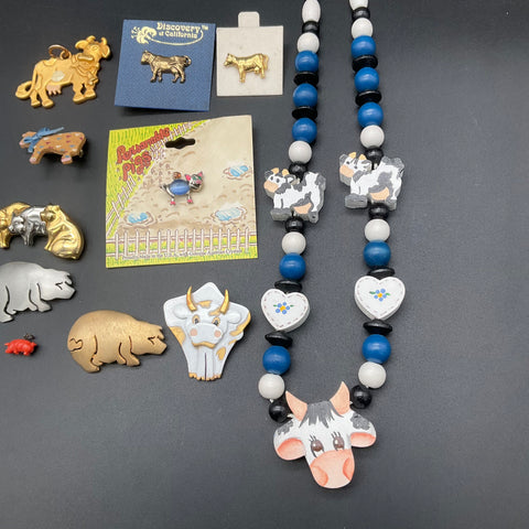 Vintage AJC Cow Pig Farmhouse Jewelry Lot Necklace Brooches Pins Mixed 11 Piece