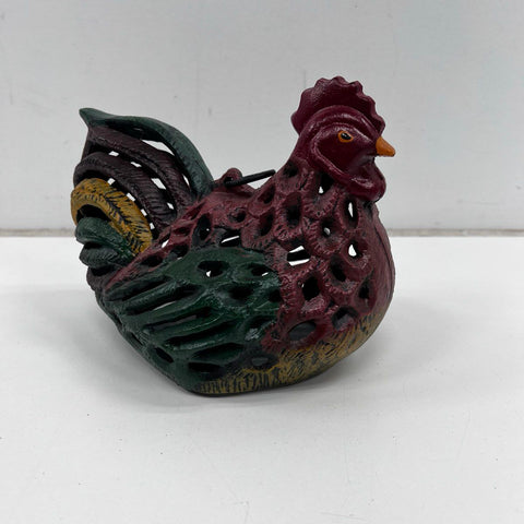 Cast Iron Rooster Chicken Lattice Candle Holder Lantern Hand Painted Decorative