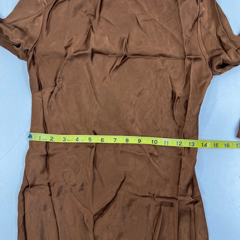 Anthropologie Women's Brown Satin Long Bell Sleeve Back Tie Mini Dress NWT Sz XS
