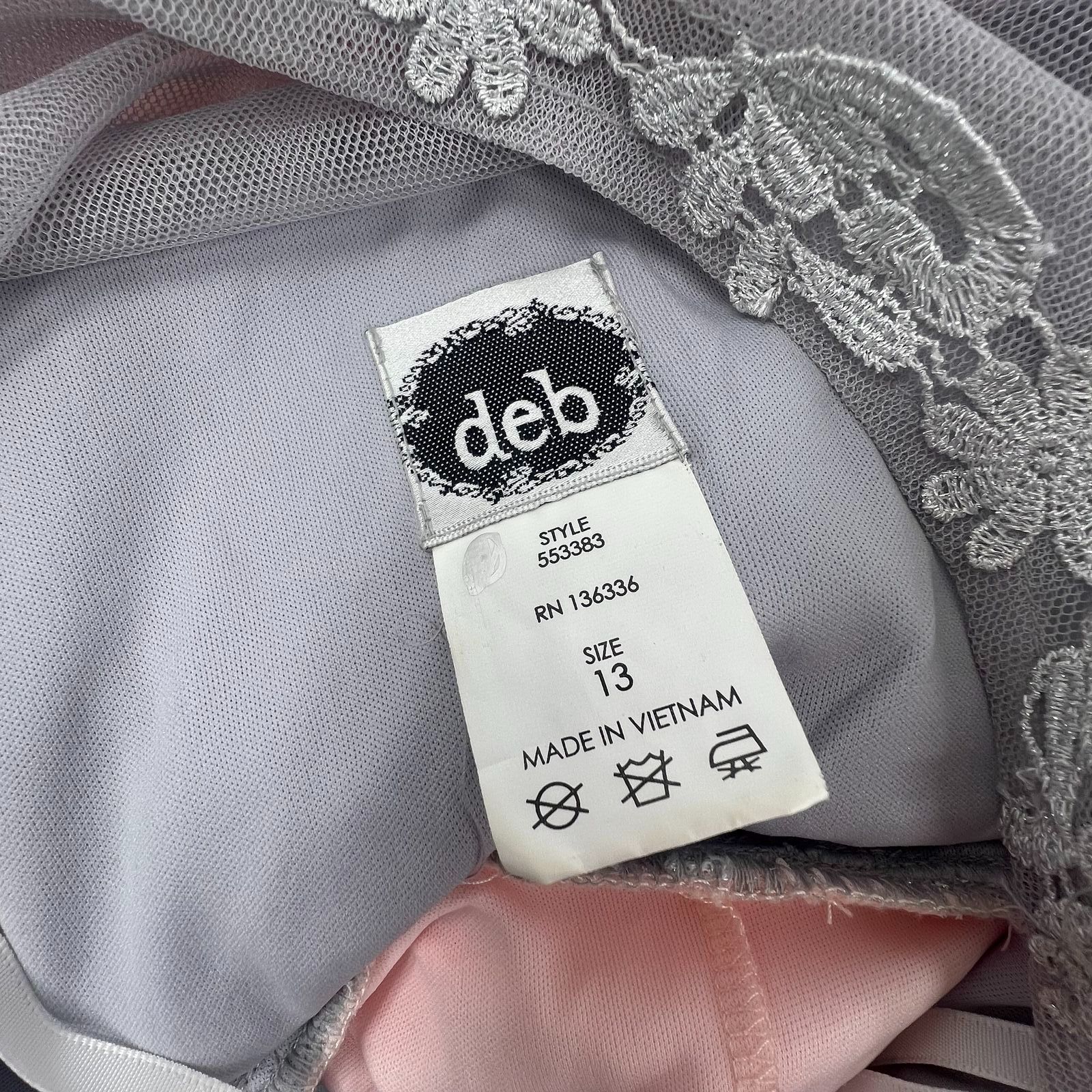 NWT Deb Y2K Pink Gray Formal Dress Short A-Line Juniors 13 Metallic Lace Bodice