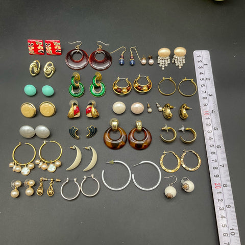 Vintage Faux Pearl Rhinestone Enamel Earring Lot 28 Pairs Hoops Studs Dangles