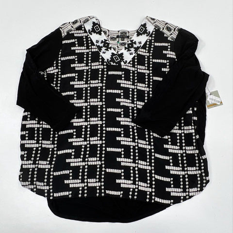 John Mark Women's Top Black Geo Embroidered V-Neck Mesh High Low Sz 3XL NWT