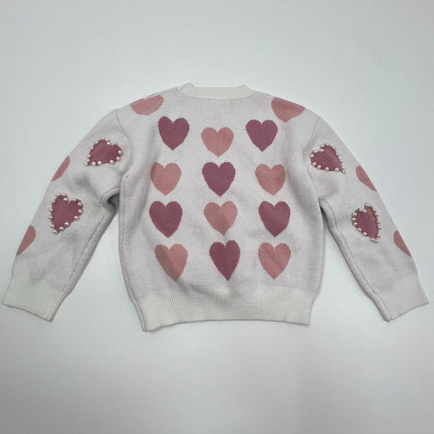 English Factory White Pink Heart Print Faux Pearl Knit Sweater Women's M