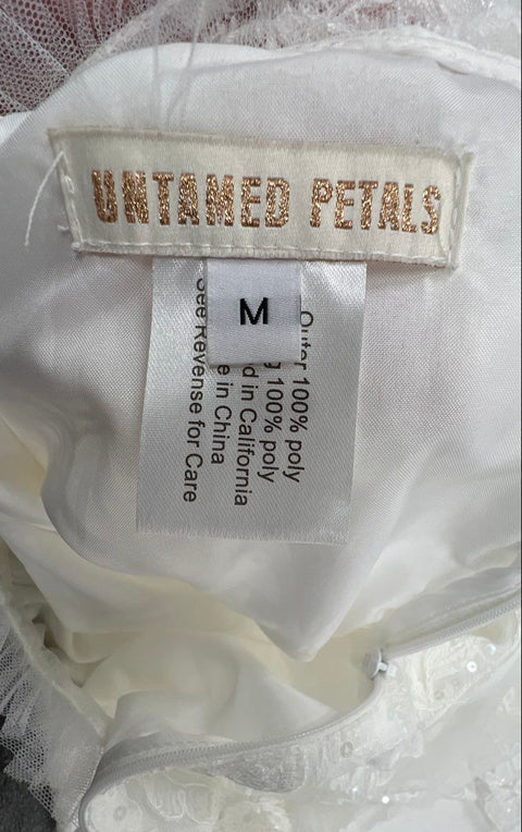 Untamed Petals Women's White Lace Sequin Tulle Mini Dress Mock Neck Bridal Sz M