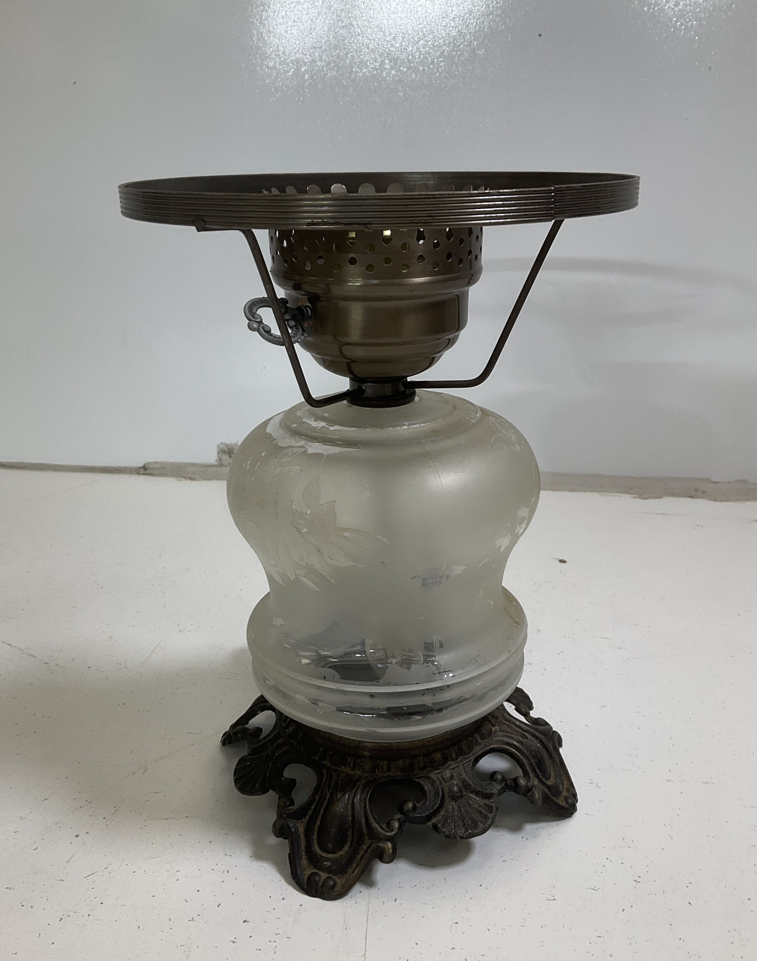 Vintage Pair Victorian Revival Table Lamps Frosted Etched Glass Rococo Style