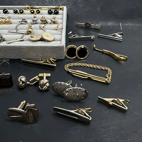 Vintage Men's Jewelry Lot 50+ Pieces Cufflinks Tie Clips Bars Tacks Gold Tone