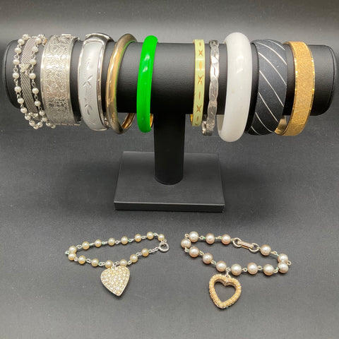 Vintage Costume Jewelry 12pc Goldette Bangles Rhinestone Heart Charm Bracelet