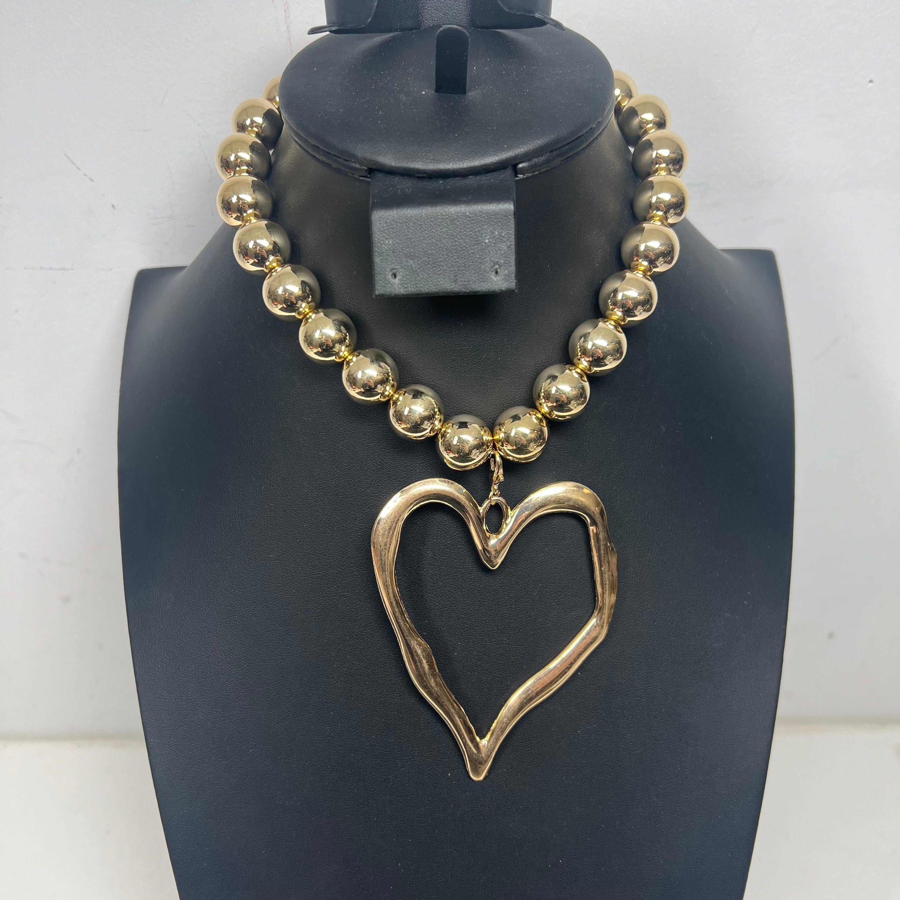 Costume Gold Tone Large Heart Pendant on Beaded Bauble Chain Unbranded