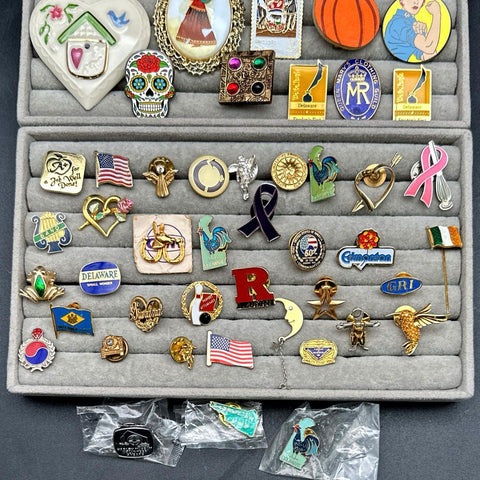 Vintage to Modern Mixed Costume Jewelry Lot 50+ Lapel Pins Brooches Enamel Flags