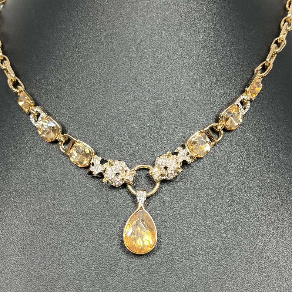 White Crystal Champagne Glass Big Cat Leopard Necklace NIB