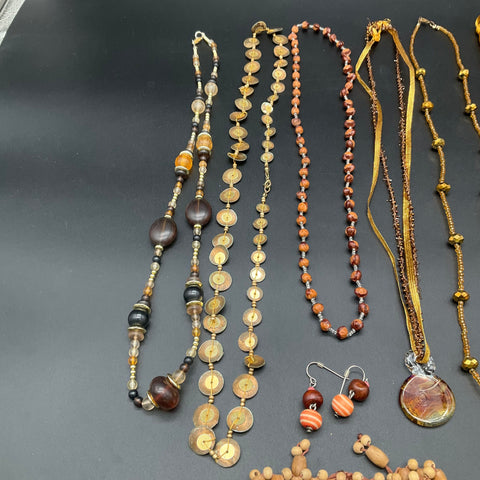 Boho Tropical Jewelry Lot 10pc Kukui Nut Shell Wood Glass Beaded Necklaces