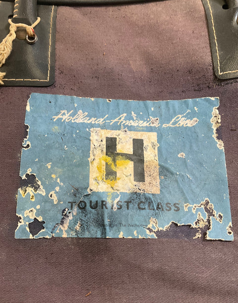 Vintage Holland-America Line Tourist Class Travel Bag Canvas Mid Century Luggage