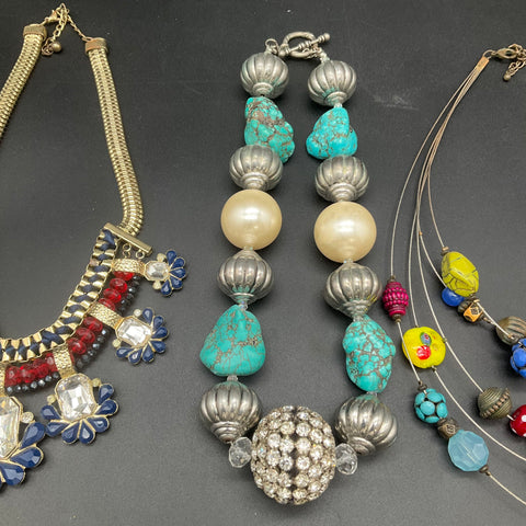 Vintage Costume Statement Necklace Lot 4pc Turquoise Faux Pearl Rhinestone Bib