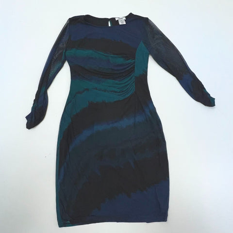 DKNY NWT Teal Glass Abstract Print Ruched Mesh Sleeve Sheath Dress Sz 10P